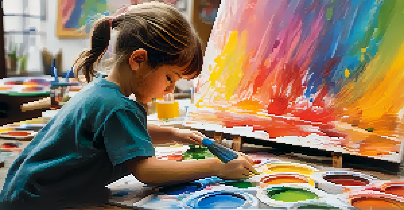 A close-up of a child's hands painting on a canvas, with colorful paint and art supplies in the background.