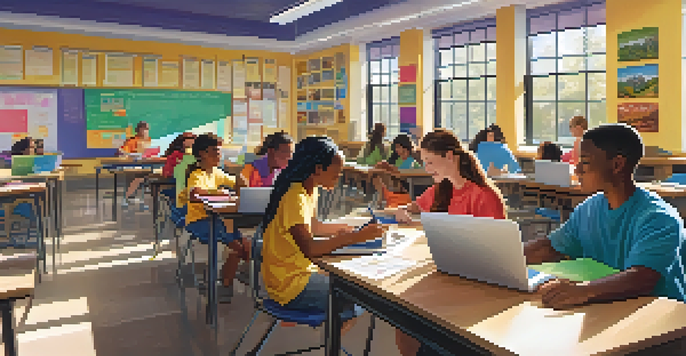 A lively classroom with diverse students engaged in blended learning activities, laptops open and a teacher assisting them.