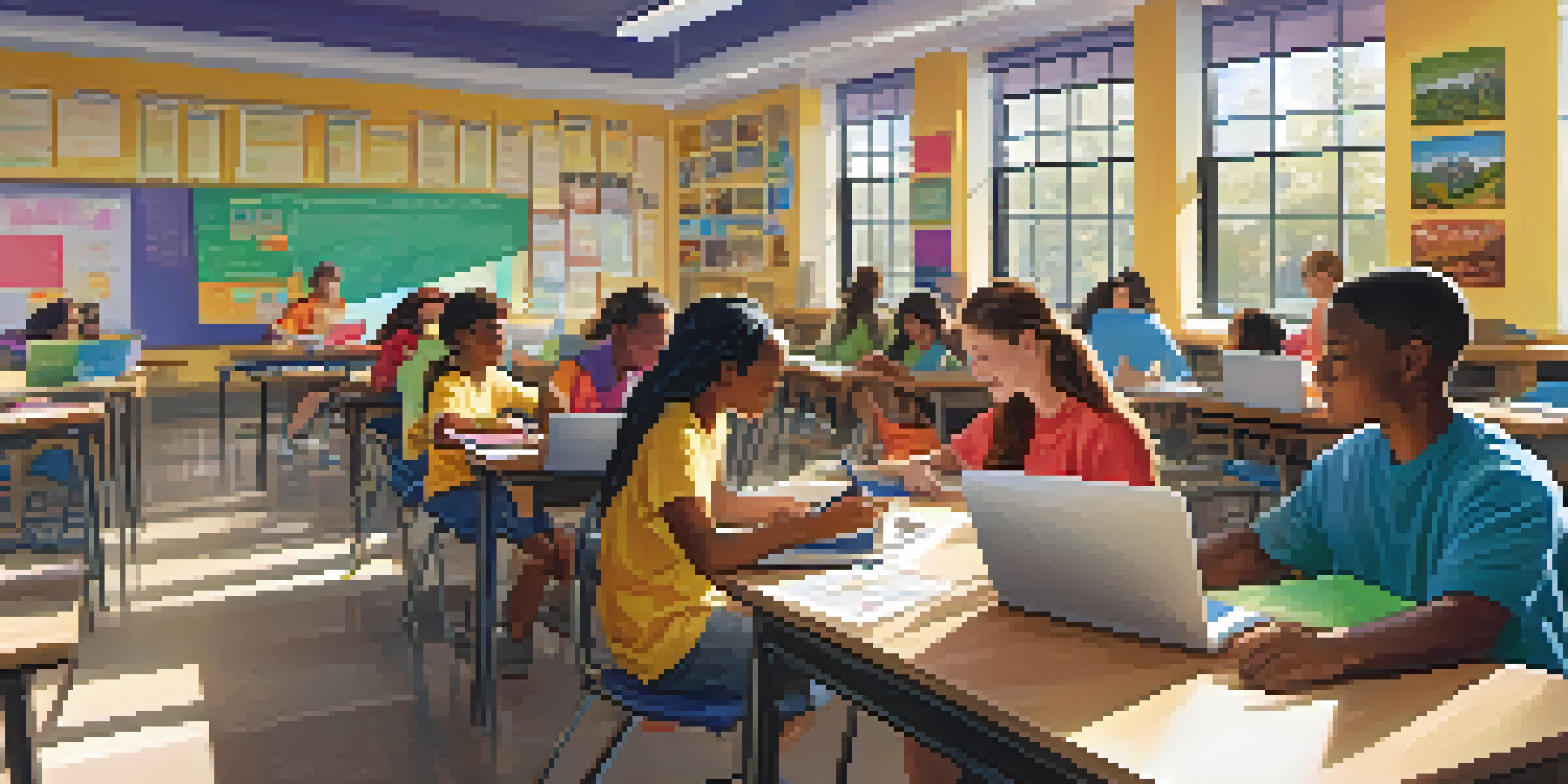 A lively classroom with diverse students engaged in blended learning activities, laptops open and a teacher assisting them.