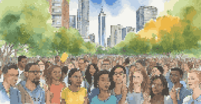 A diverse group of young activists in a park, holding signs for climate action, surrounded by greenery and city buildings.