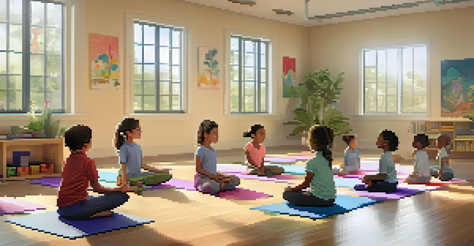 Children in a classroom practicing mindfulness on yoga mats, guided by a teacher in a calm and inviting environment.