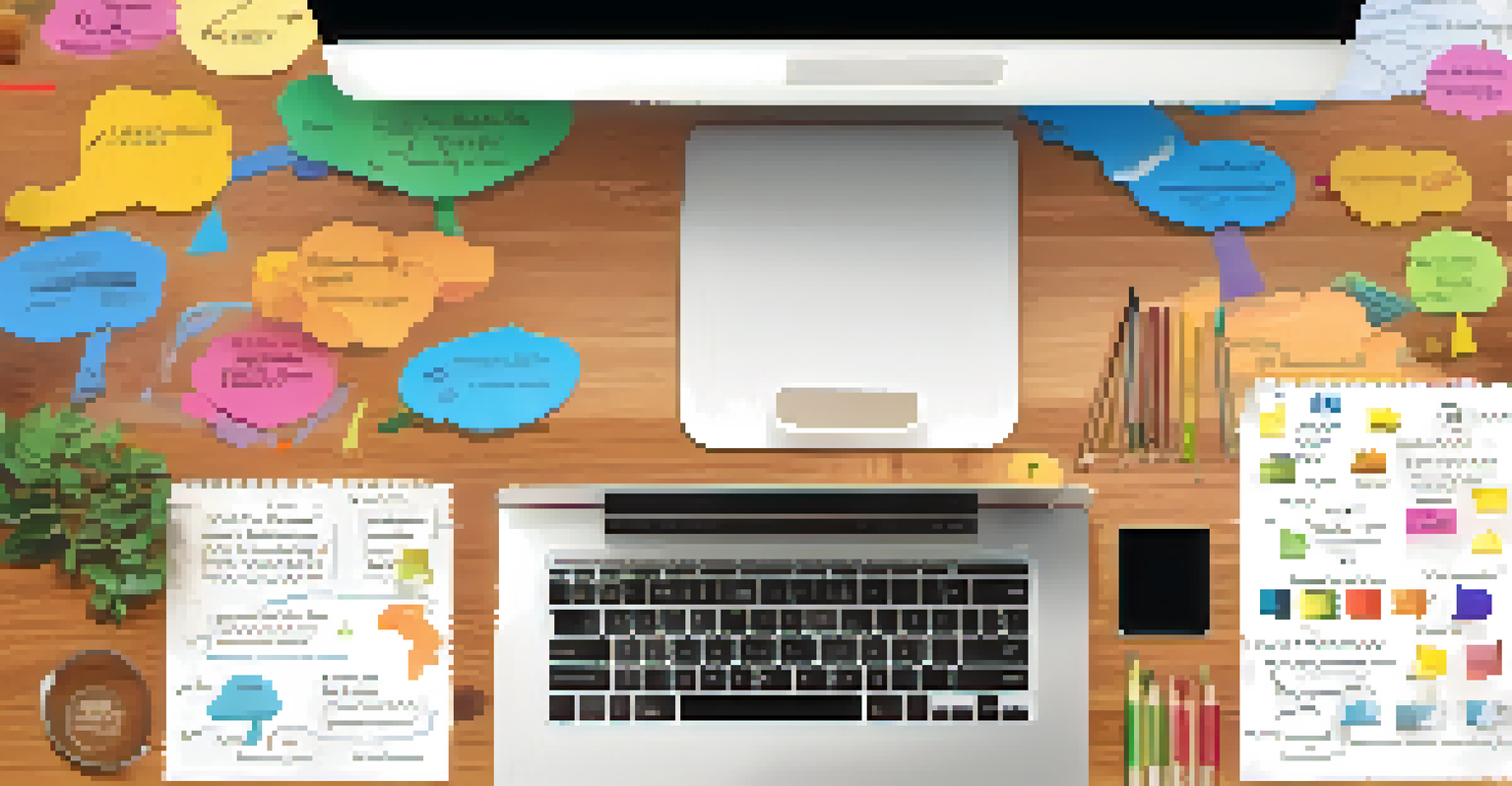 An overhead view of a digital mind map on a laptop screen, surrounded by notes and stationery on a wooden desk.