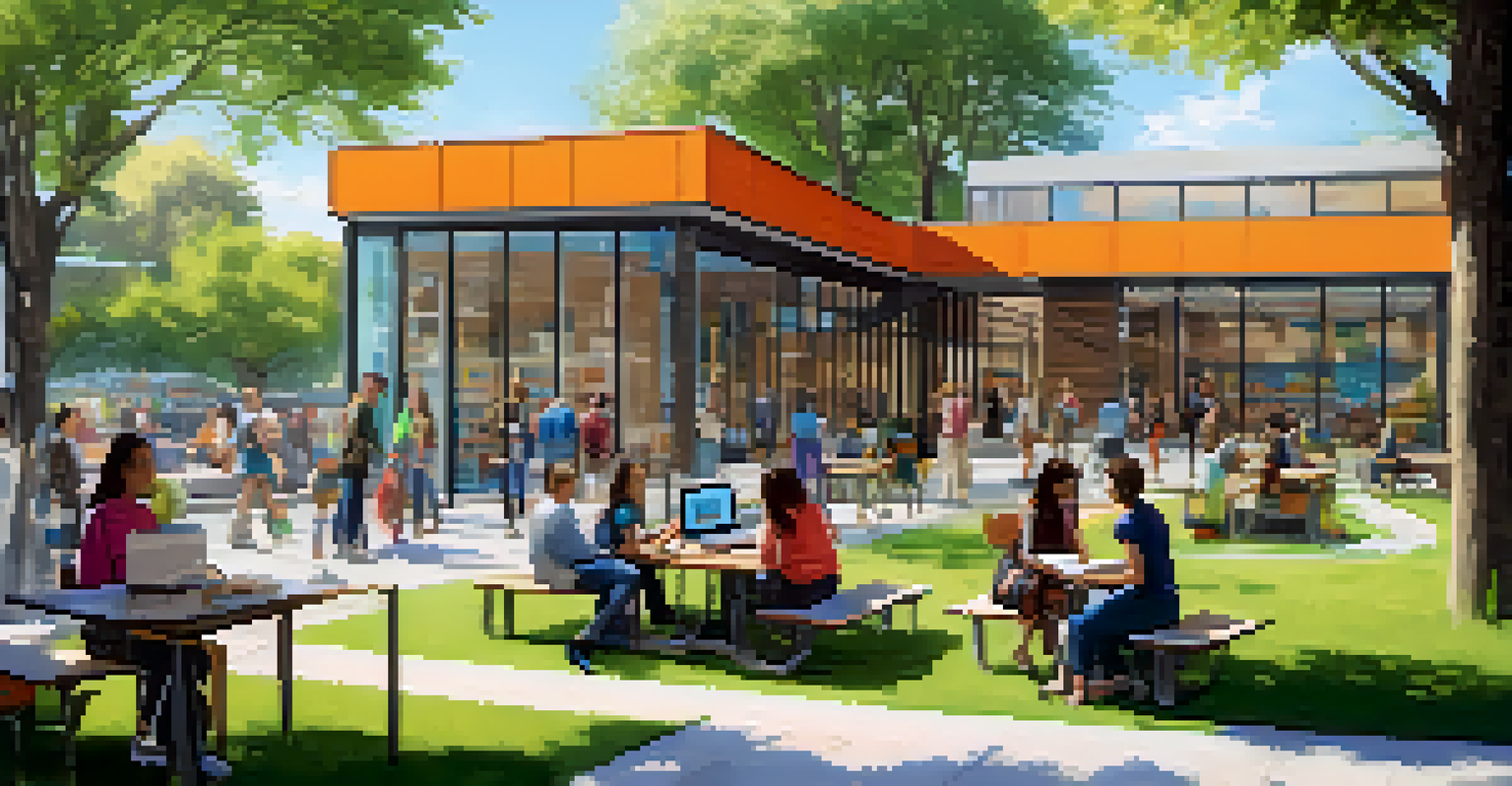 A local library transformed into a tech hub, with people of all ages using computers outdoors, surrounded by greenery and a sign offering free Wi-Fi.