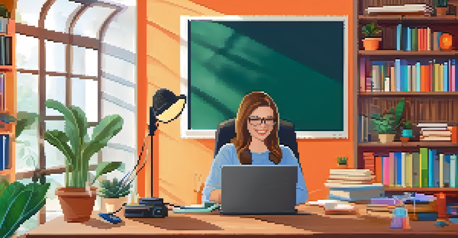 An educator in a cozy home office creating engaging video content with a laptop and educational materials.