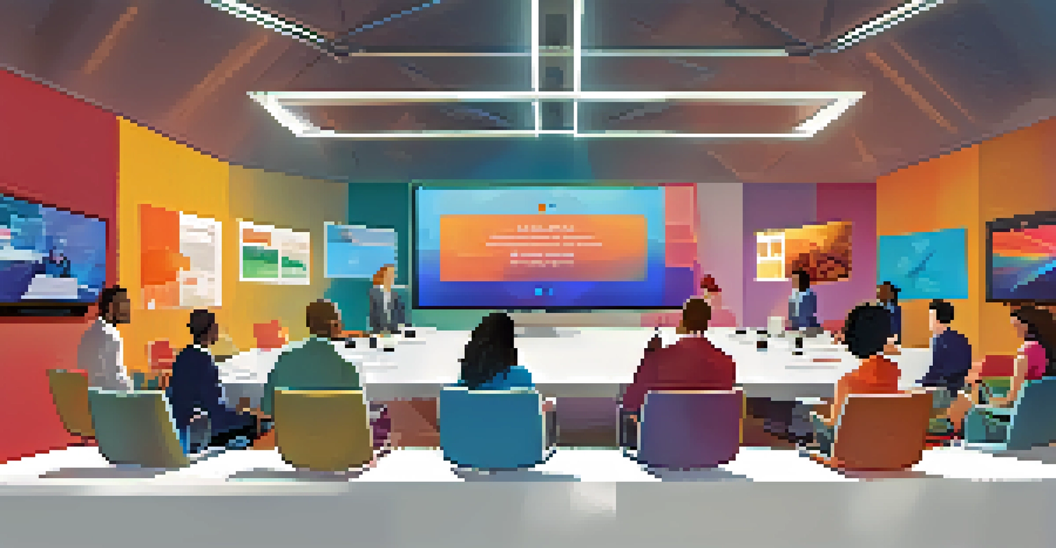 A vibrant illustration of a virtual team meeting with participants displayed in separate video boxes on a large screen.