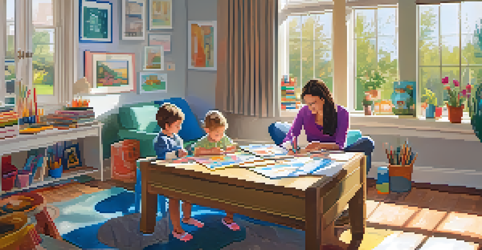 A parent and child happily drawing together at a table, surrounded by art supplies in a warm and inviting living room.