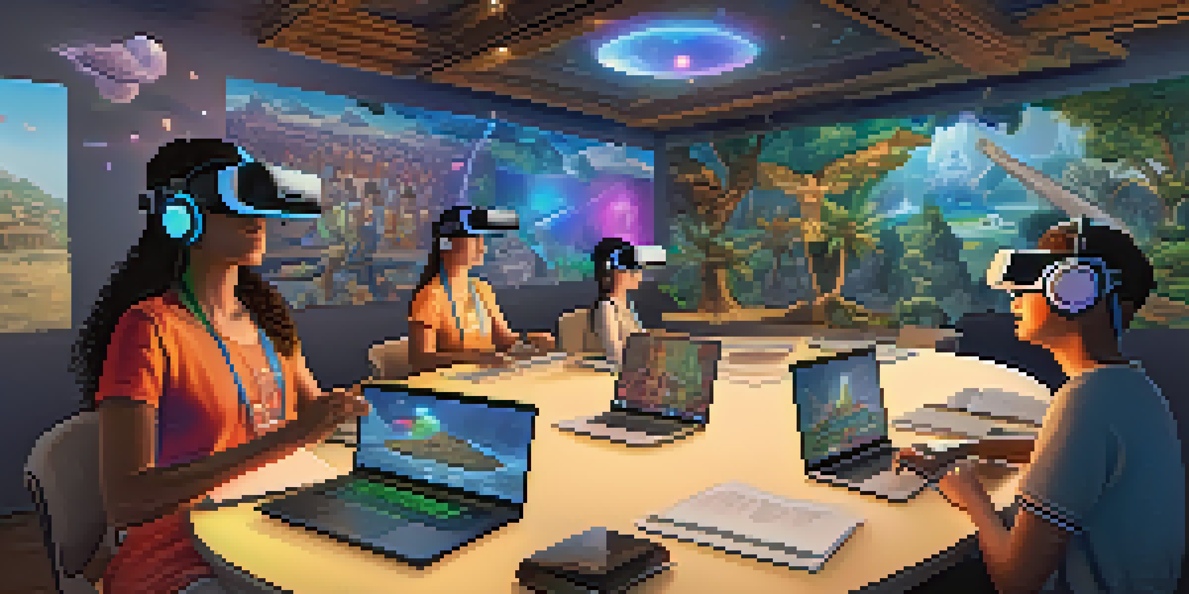 A virtual reality classroom with diverse students wearing VR headsets, engaged in learning about ancient civilizations through immersive holographic visuals.