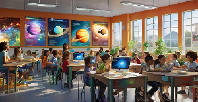 A classroom filled with students using augmented reality technology to explore 3D models of the solar system, with bright sunlight and educational posters in the background.