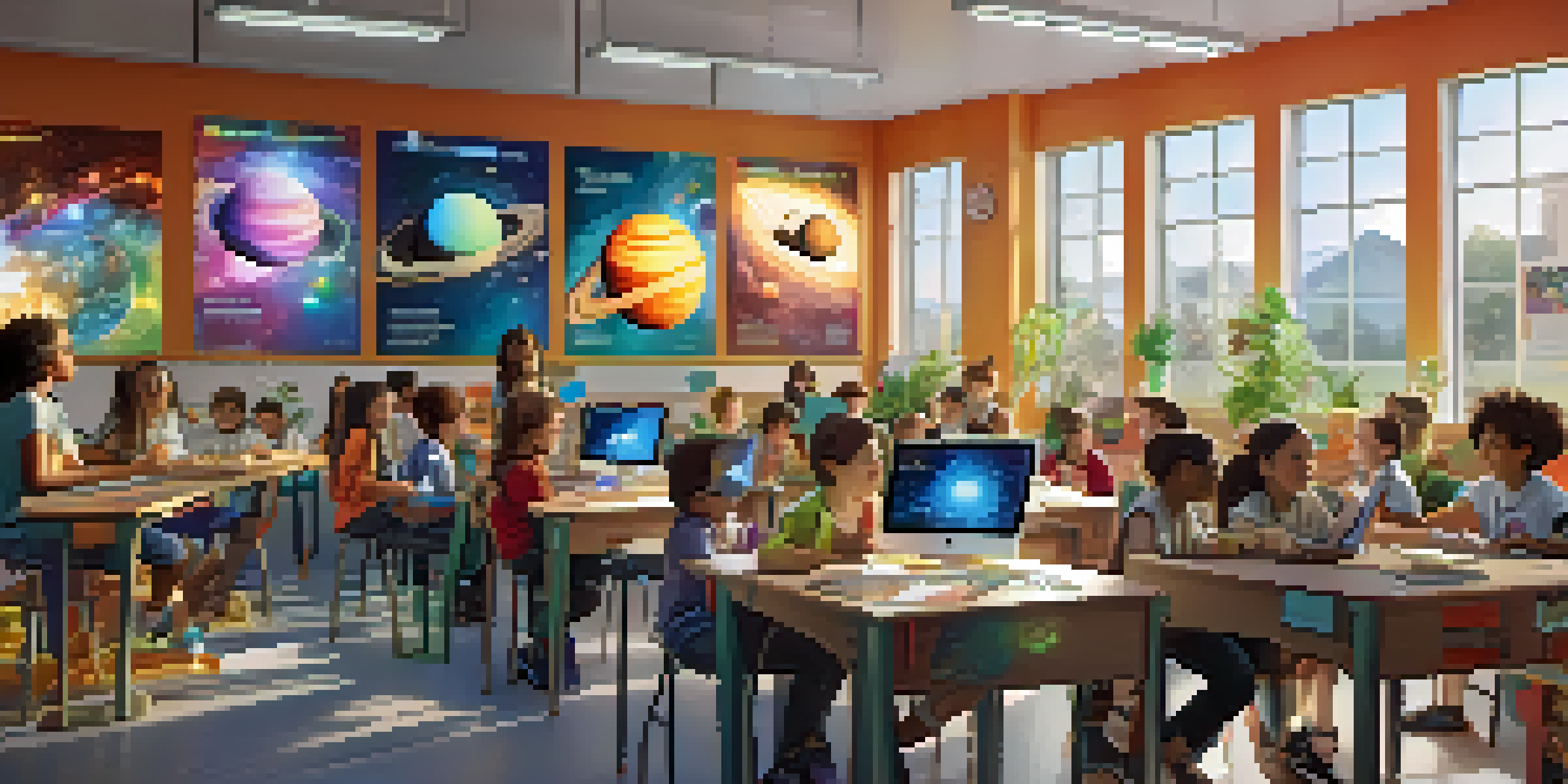 A classroom filled with students using augmented reality technology to explore 3D models of the solar system, with bright sunlight and educational posters in the background.