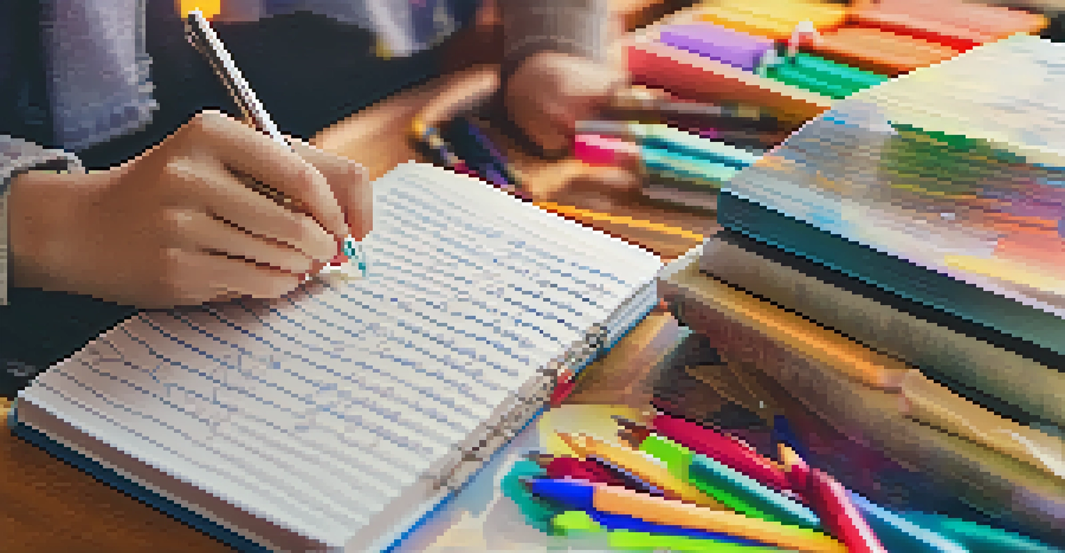 A close-up of hands writing in a reflective journal, surrounded by colorful stationery and motivational quotes.