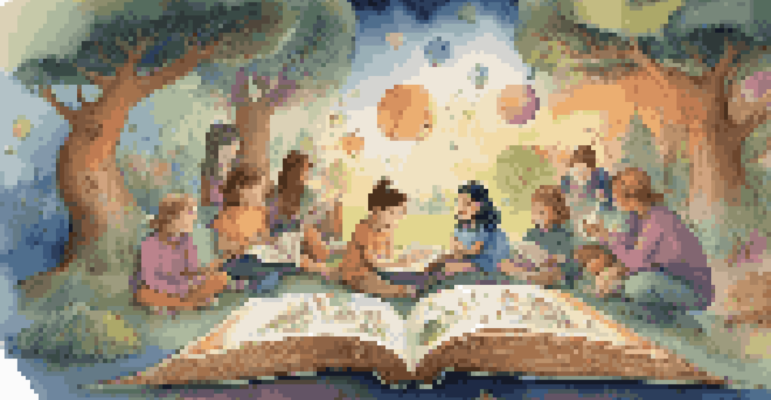 An open book with animated illustrations, surrounded by students engaged in storytelling, in a colorful and magical environment.