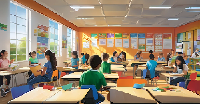 A bright classroom with diverse students using smartphones and tablets, surrounded by colorful educational materials and sunlight pouring in through large windows.