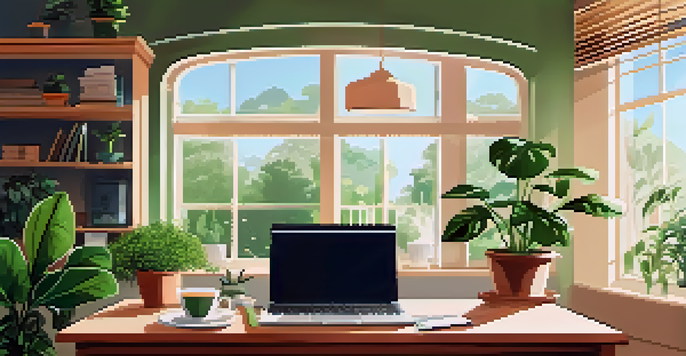 A calm home office with a laptop, plants, and sunlight, depicting a peaceful workspace for financial planning.