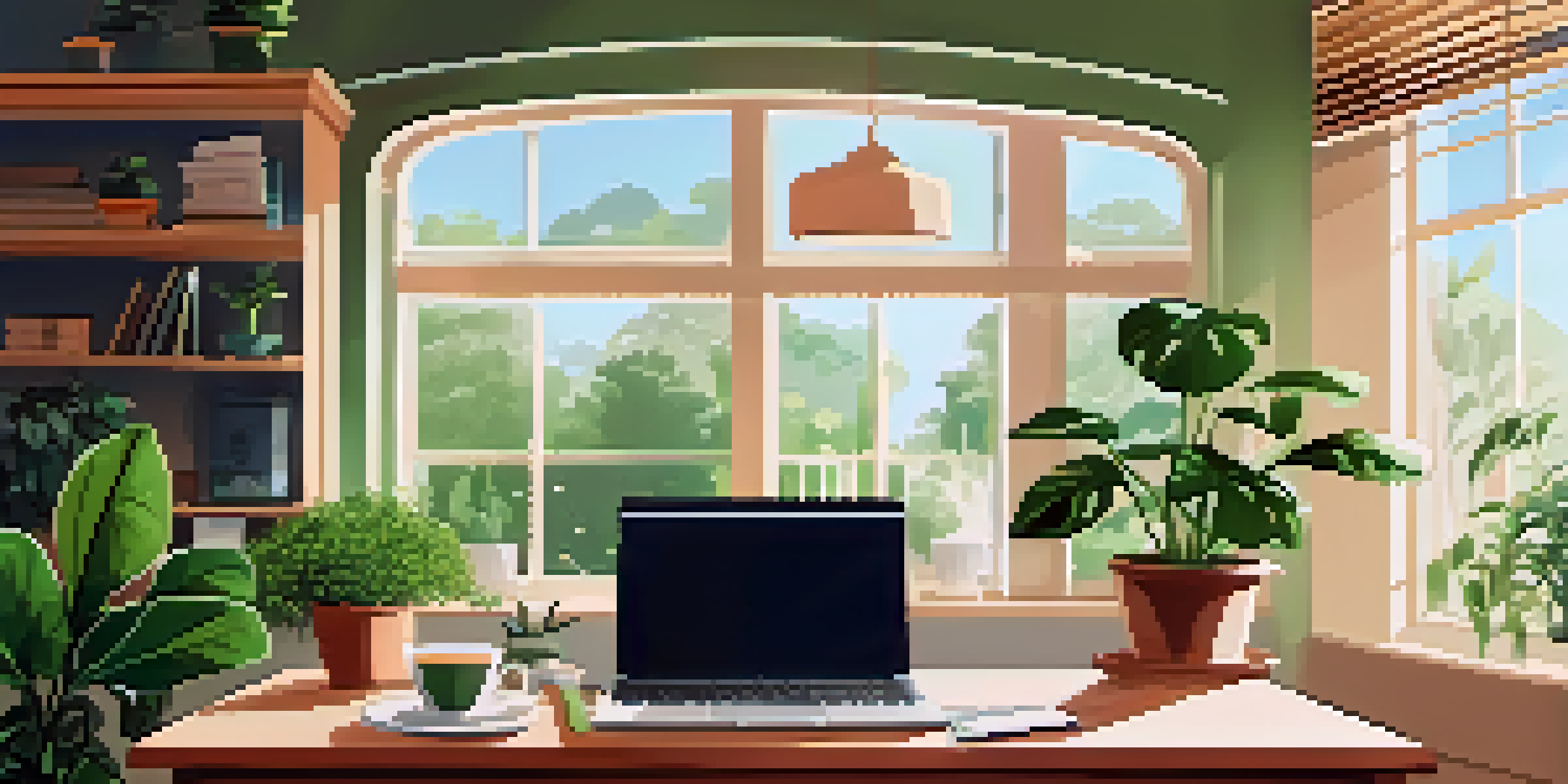 A calm home office with a laptop, plants, and sunlight, depicting a peaceful workspace for financial planning.
