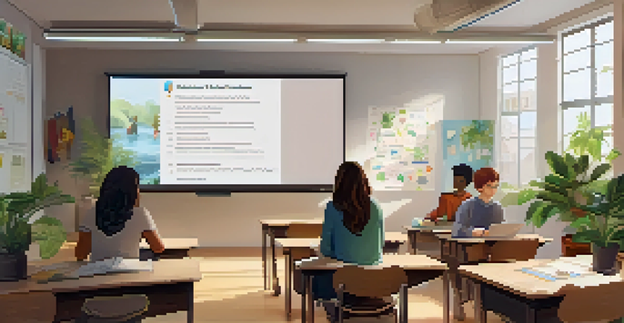 A diverse group of students engaged in a serene online learning environment with a large screen displaying a lesson.