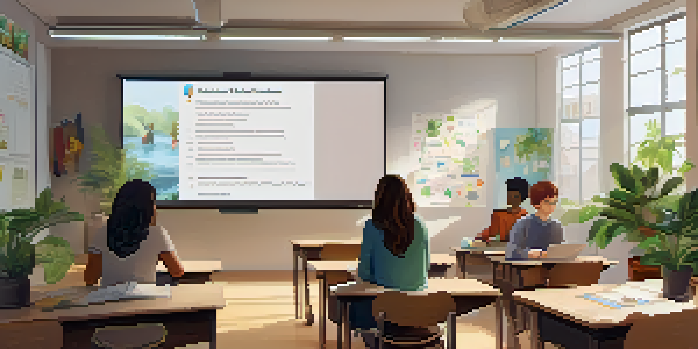 A diverse group of students engaged in a serene online learning environment with a large screen displaying a lesson.