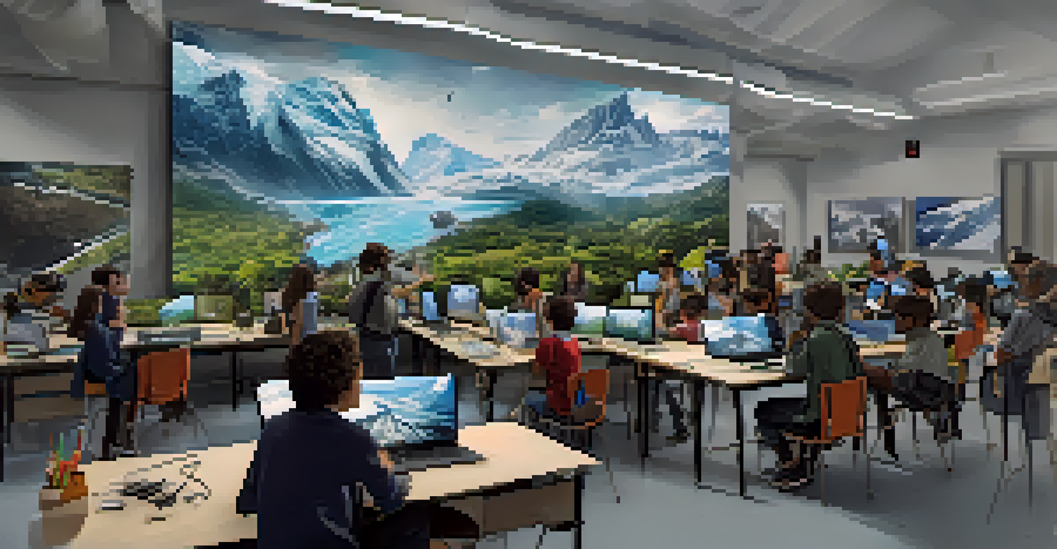 Students using virtual reality headsets in a classroom, exploring a digital representation of melting glaciers and deforested areas.