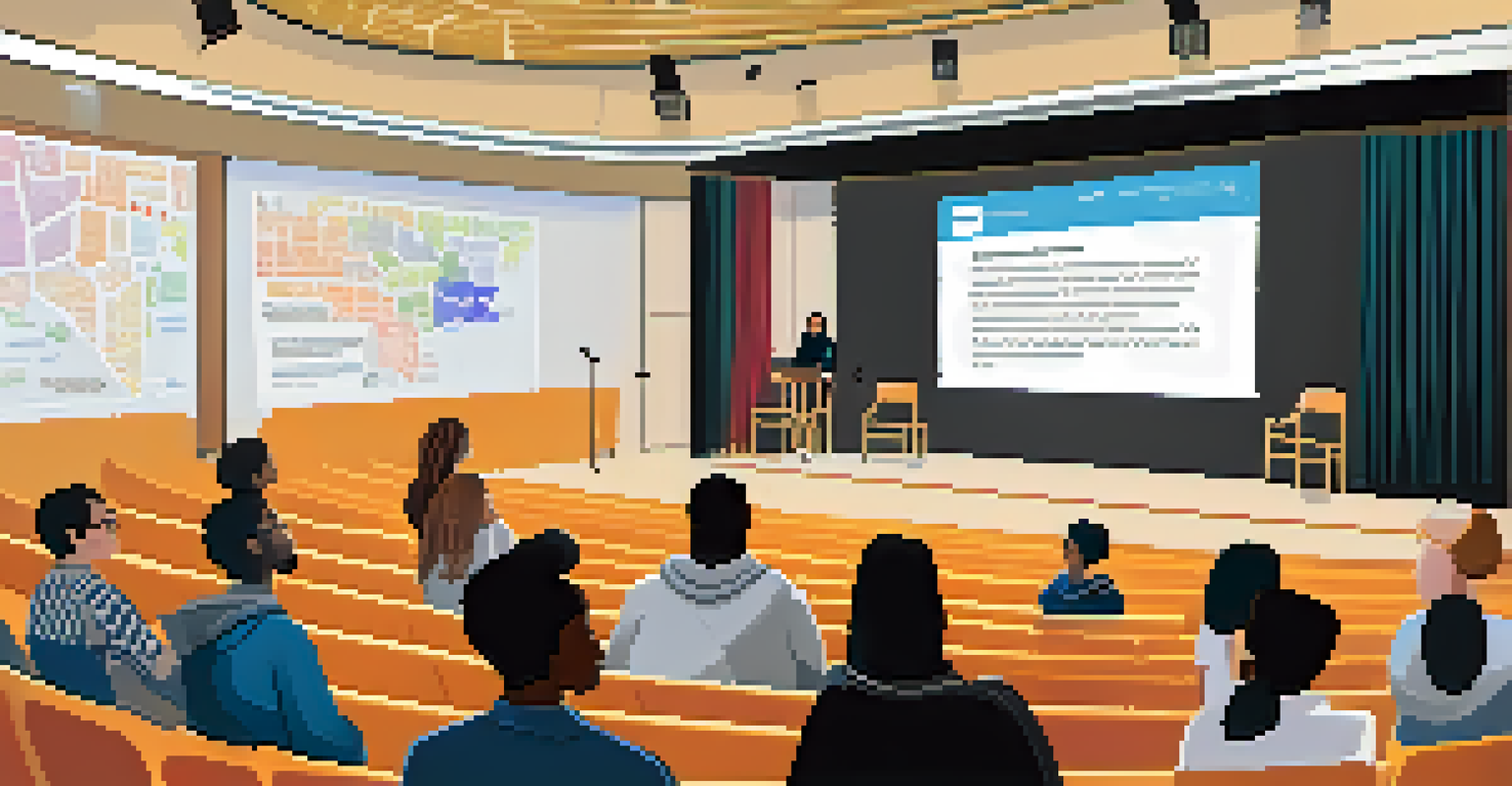 A student presenting a project about social issues to an audience in an auditorium, with banners promoting social justice in the background.