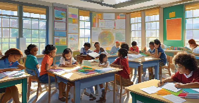 A bright classroom with diverse students collaborating on a science project at a round table, surrounded by educational posters and natural light.