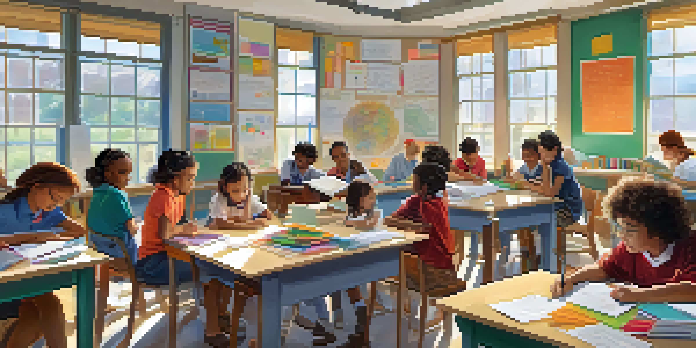 A bright classroom with diverse students collaborating on a science project at a round table, surrounded by educational posters and natural light.