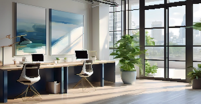 A modern office workspace with a smartphone showing a microlearning app, surrounded by plants and natural light.