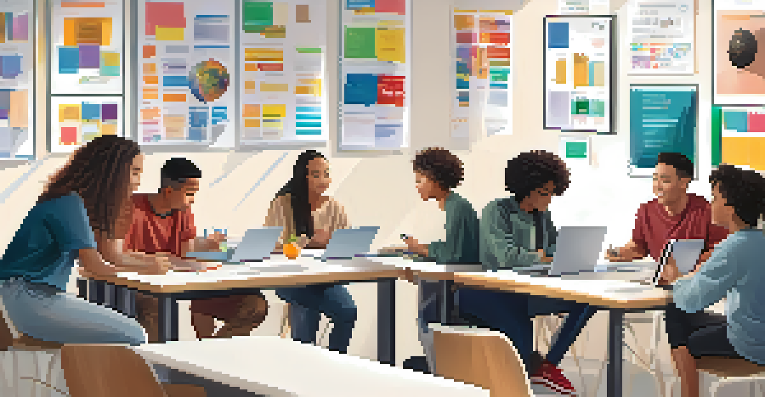 A group of students collaborating on a digital portfolio project at a table with laptops, discussing ideas in a bright, modern classroom.