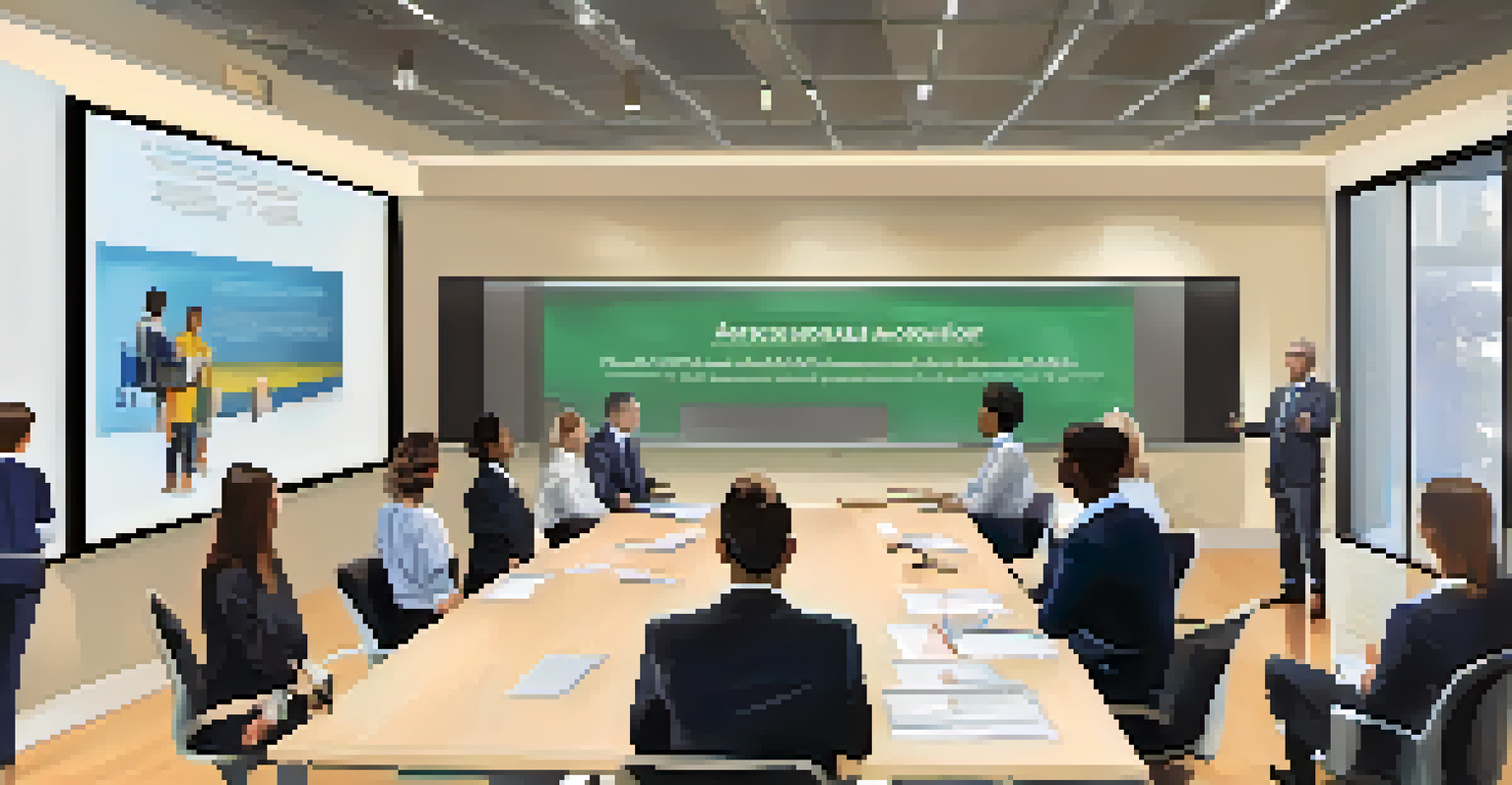 An experienced mentor demonstrating conflict resolution techniques to adult learners in a modern meeting room, with a large screen displaying information.