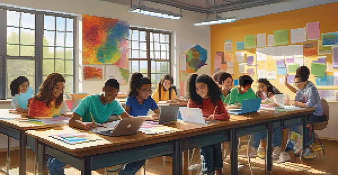 A diverse group of students working together in a bright classroom, showcasing teamwork and collaboration.