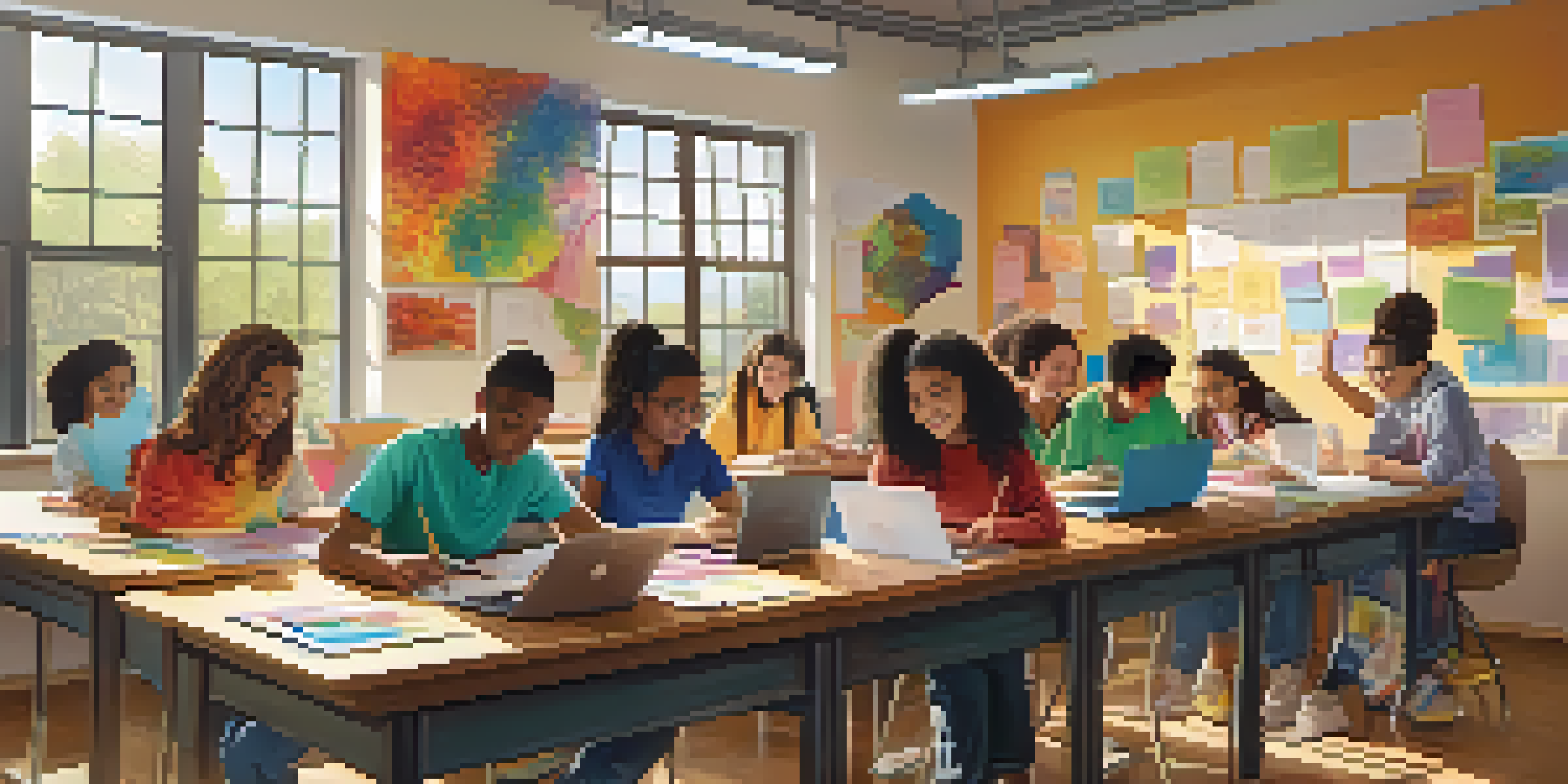 A diverse group of students working together in a bright classroom, showcasing teamwork and collaboration.