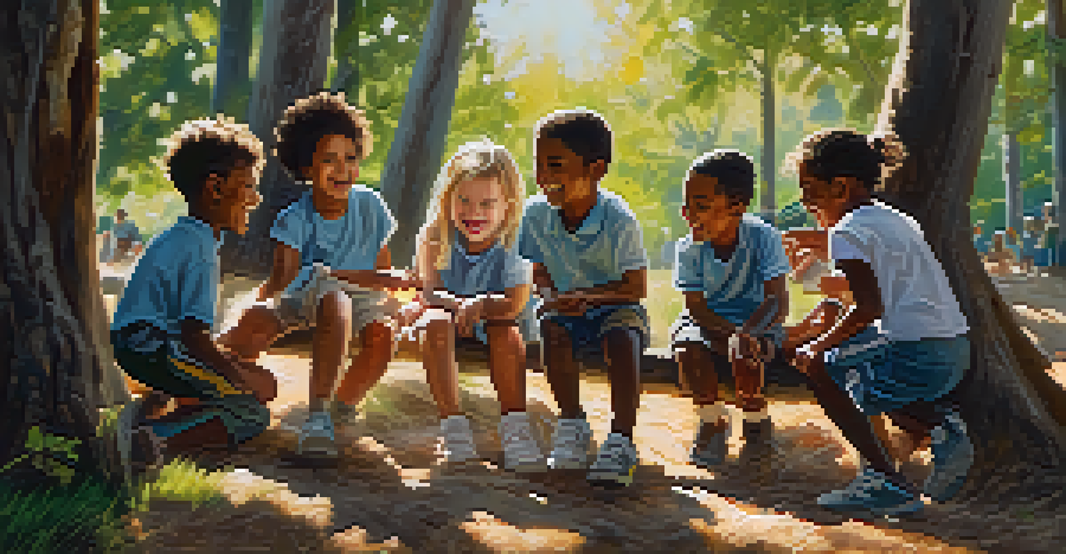 Children playing a team-building game outdoors, smiling and collaborating under sunny skies, surrounded by trees.