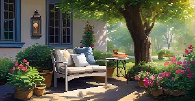 A peaceful outdoor reading nook with a chair, books, and a cup of tea under a tree, surrounded by flowers.