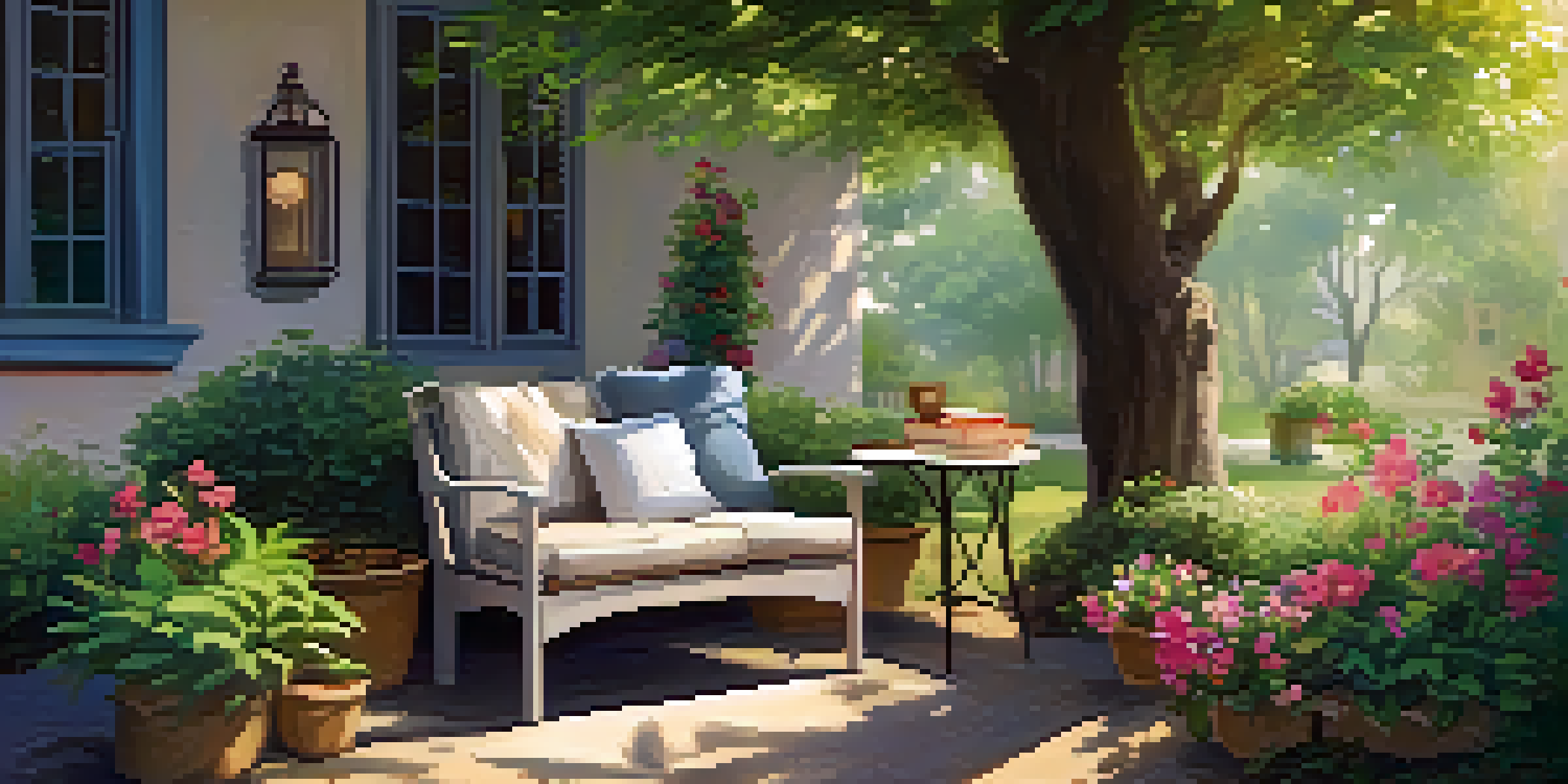 A peaceful outdoor reading nook with a chair, books, and a cup of tea under a tree, surrounded by flowers.