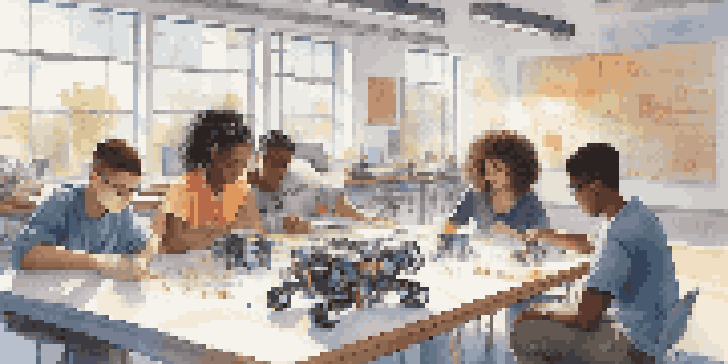 A diverse group of students working together on a robotics project in a bright classroom, discussing and assembling robot parts.