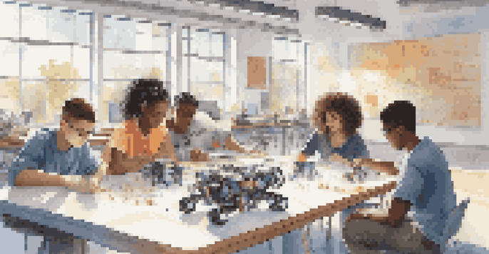 A diverse group of students working together on a robotics project in a bright classroom, discussing and assembling robot parts.