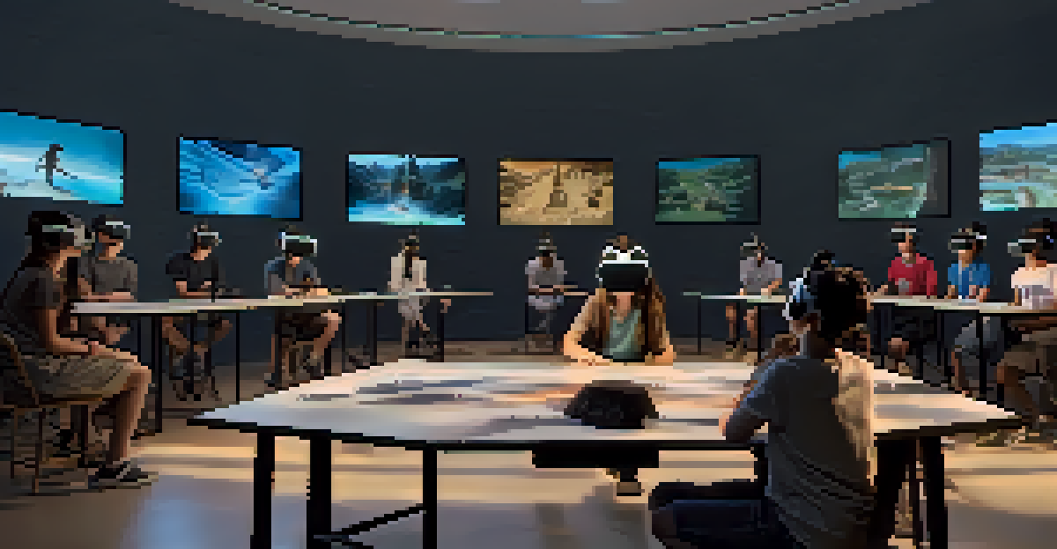 Students in a classroom wearing VR headsets, exploring a digital ancient civilization, with an atmosphere of excitement and focus.