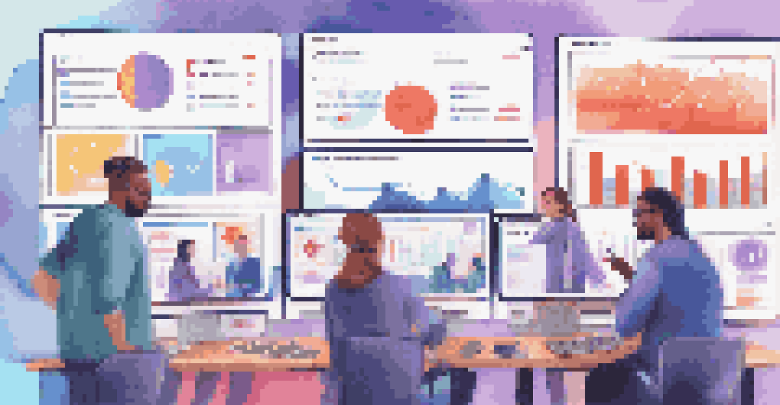 A social media dashboard showing live updates and analytics during a crisis, with community managers discussing strategies.