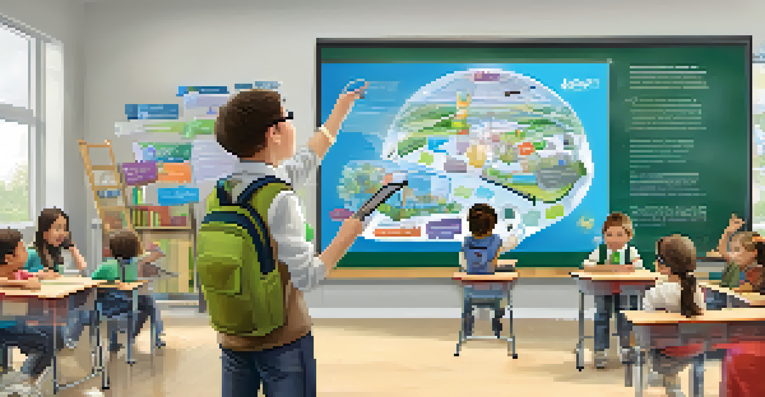 A teacher assisting students with virtual reality headsets in an interactive classroom, with a smart board and colorful educational decorations.