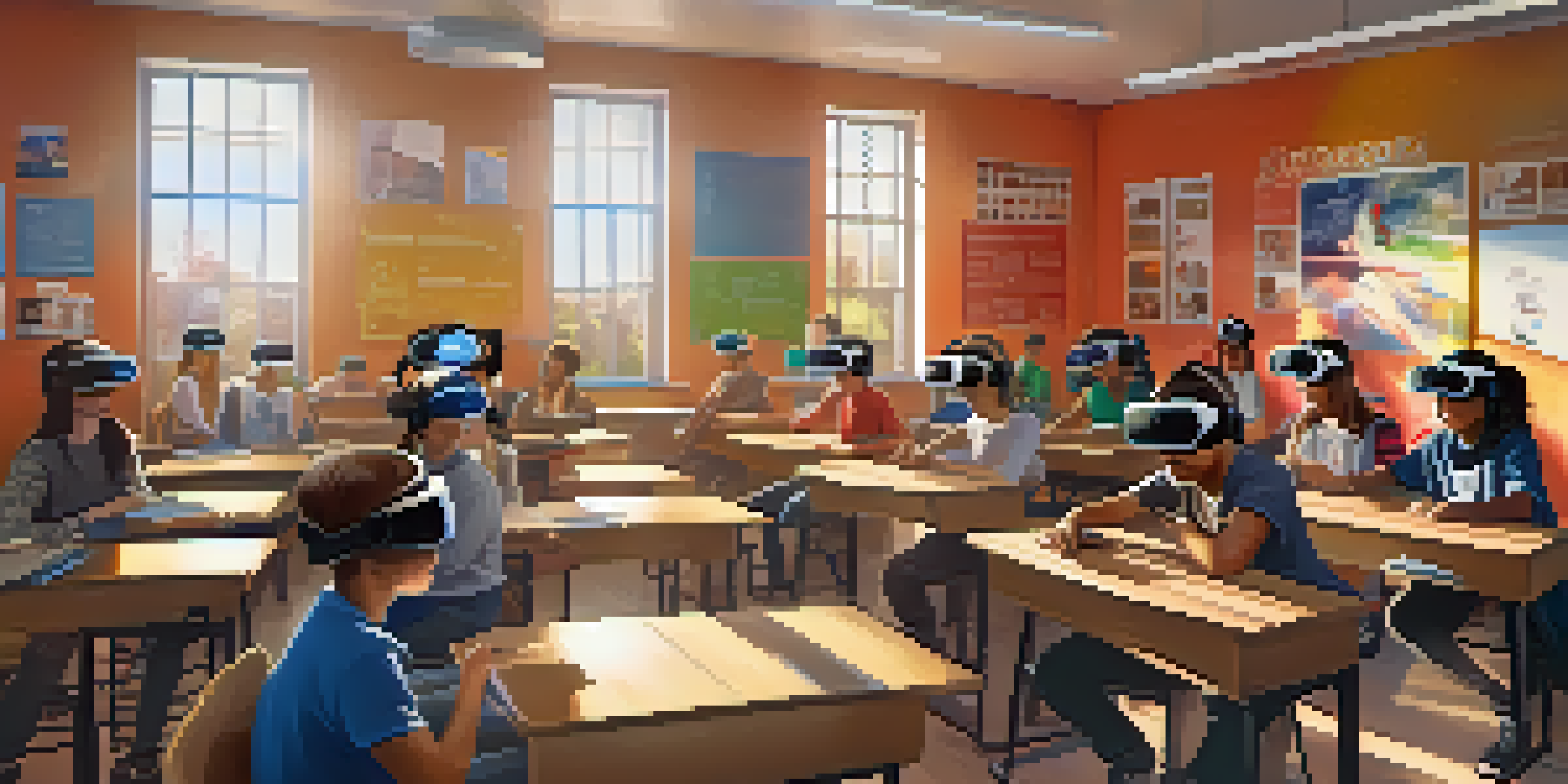 A diverse group of students in a vibrant classroom wearing virtual reality headsets, engaged in interactive learning.