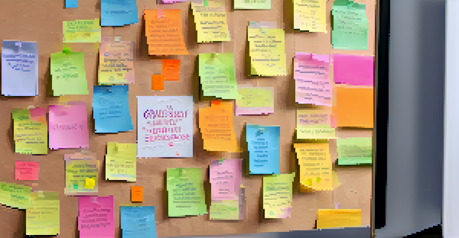 A computer screen showing a digital gratitude wall with colorful sticky notes, filled with uplifting messages from students in a warm classroom setting.