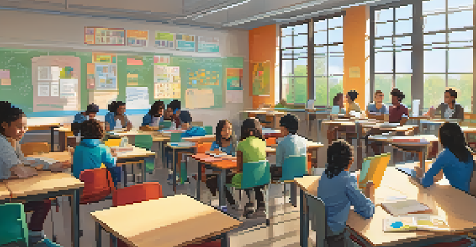 A diverse group of students in a bright classroom, collaborating and discussing educational materials, emphasizing an inclusive and engaging learning environment.