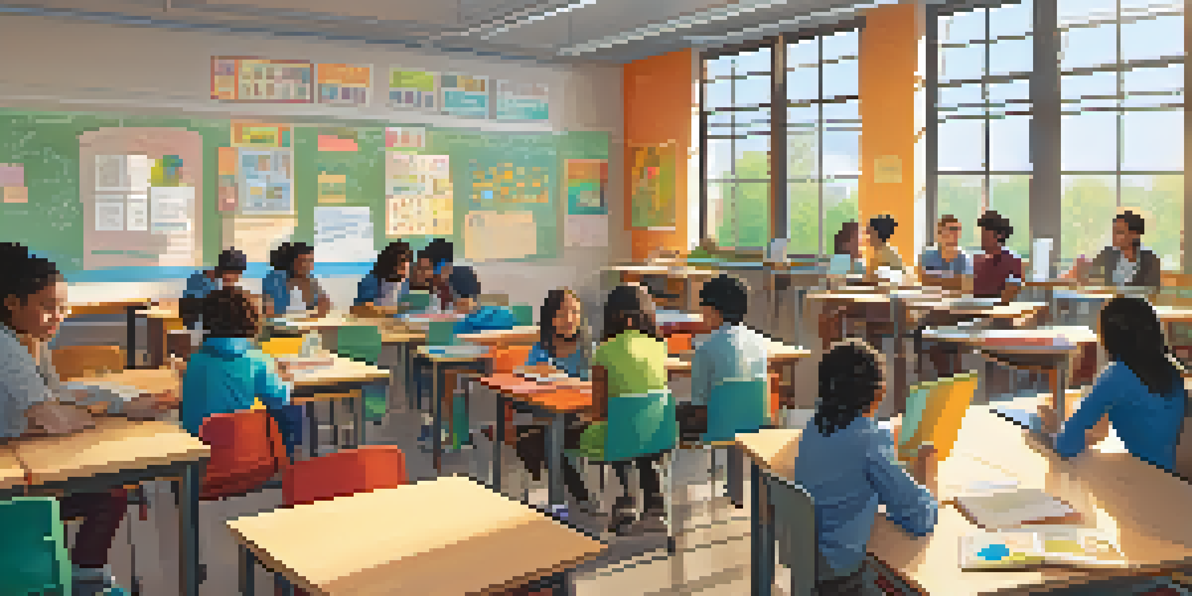 A diverse group of students in a bright classroom, collaborating and discussing educational materials, emphasizing an inclusive and engaging learning environment.