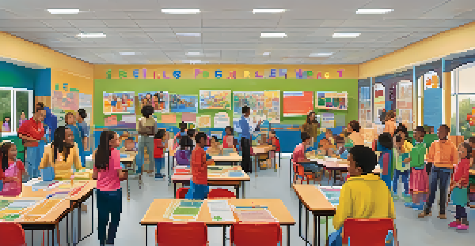 A vibrant school event where families and educators engage with one another, discussing student projects and experiences, with colorful decorations enhancing the atmosphere.