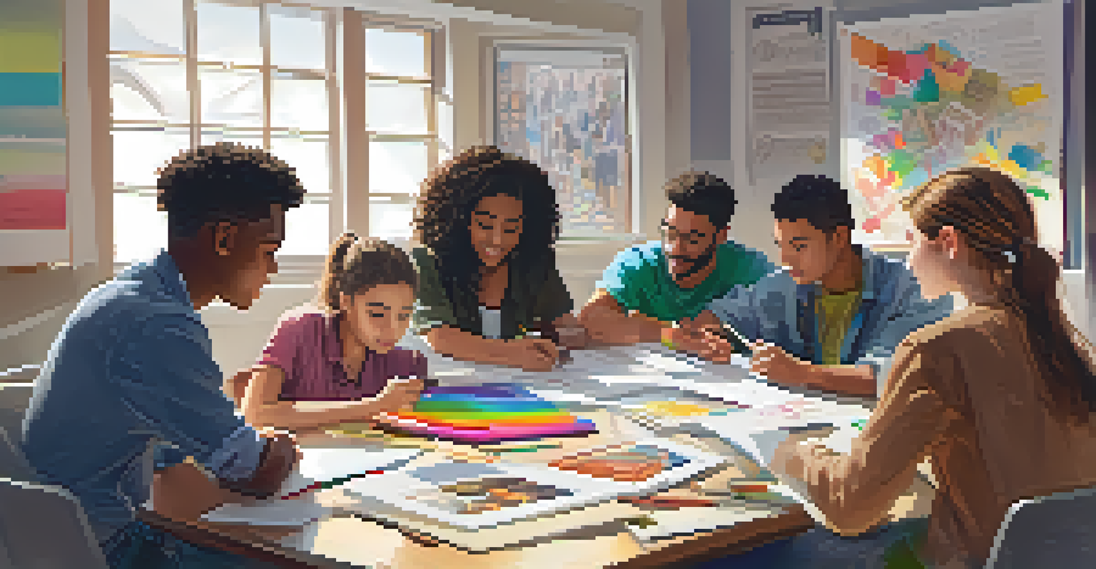 Students collaborating on a storytelling project at a table, surrounded by art supplies, showcasing teamwork and creativity.