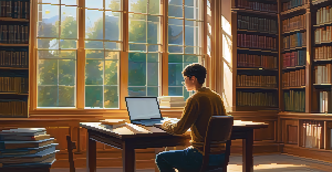 A student studying in a well-lit library, surrounded by books and a laptop, emphasizing academic integrity.