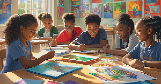 A diverse group of students working together in a brightly lit classroom, surrounded by multicultural decorations and art supplies.