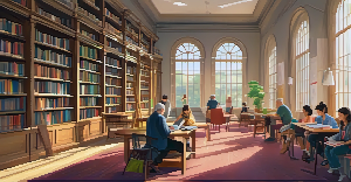 A welcoming library with sunlight, diverse individuals reading and studying, and colorful bookshelves.
