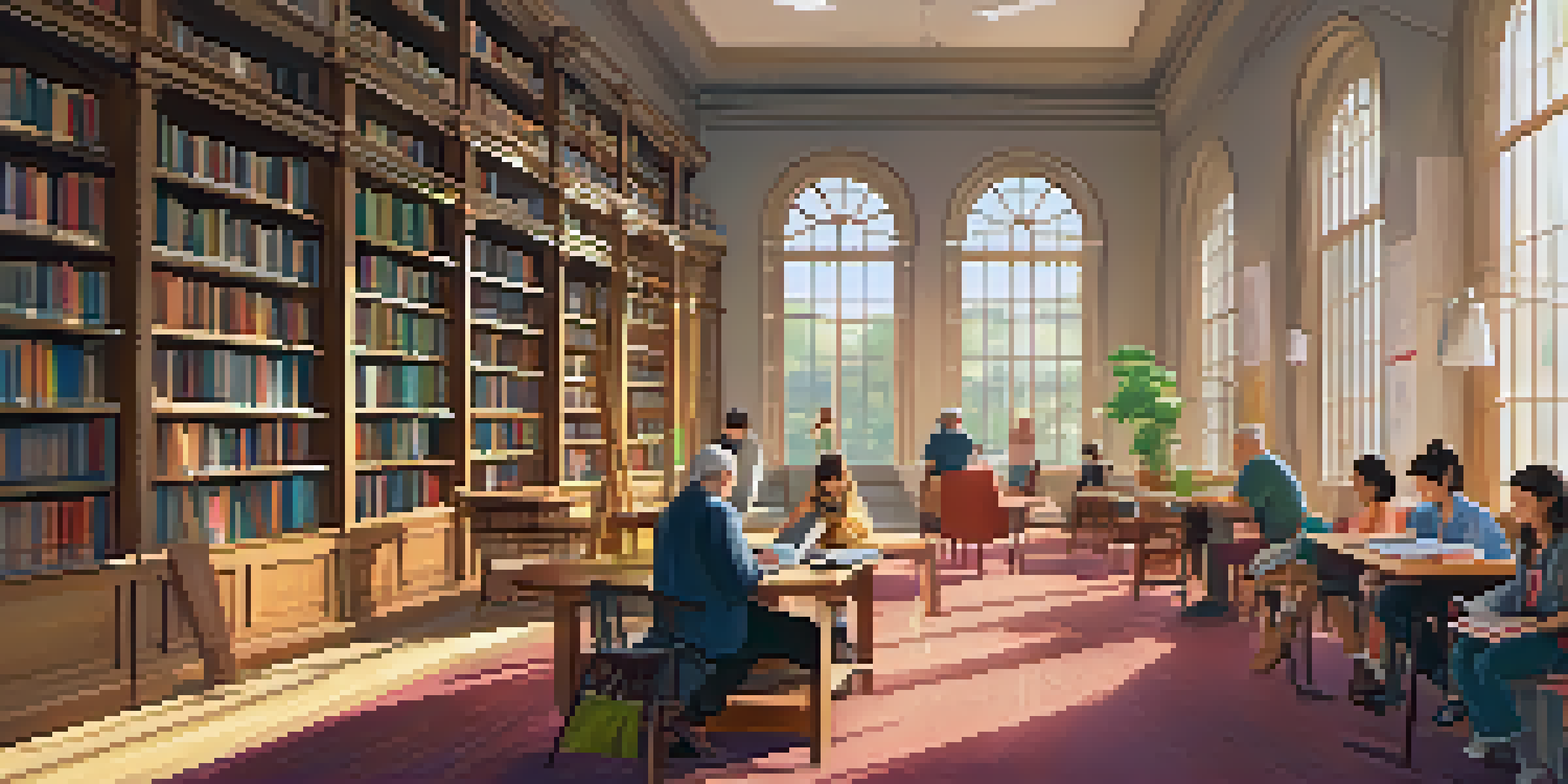 A welcoming library with sunlight, diverse individuals reading and studying, and colorful bookshelves.