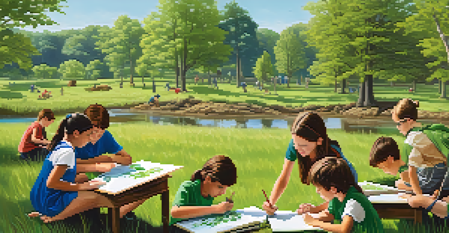 Students engaged in an outdoor environmental science lesson, planting trees and learning about sustainability in a green setting.