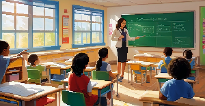 A classroom with a teacher helping students with a math lesson, sunlight coming through the windows.