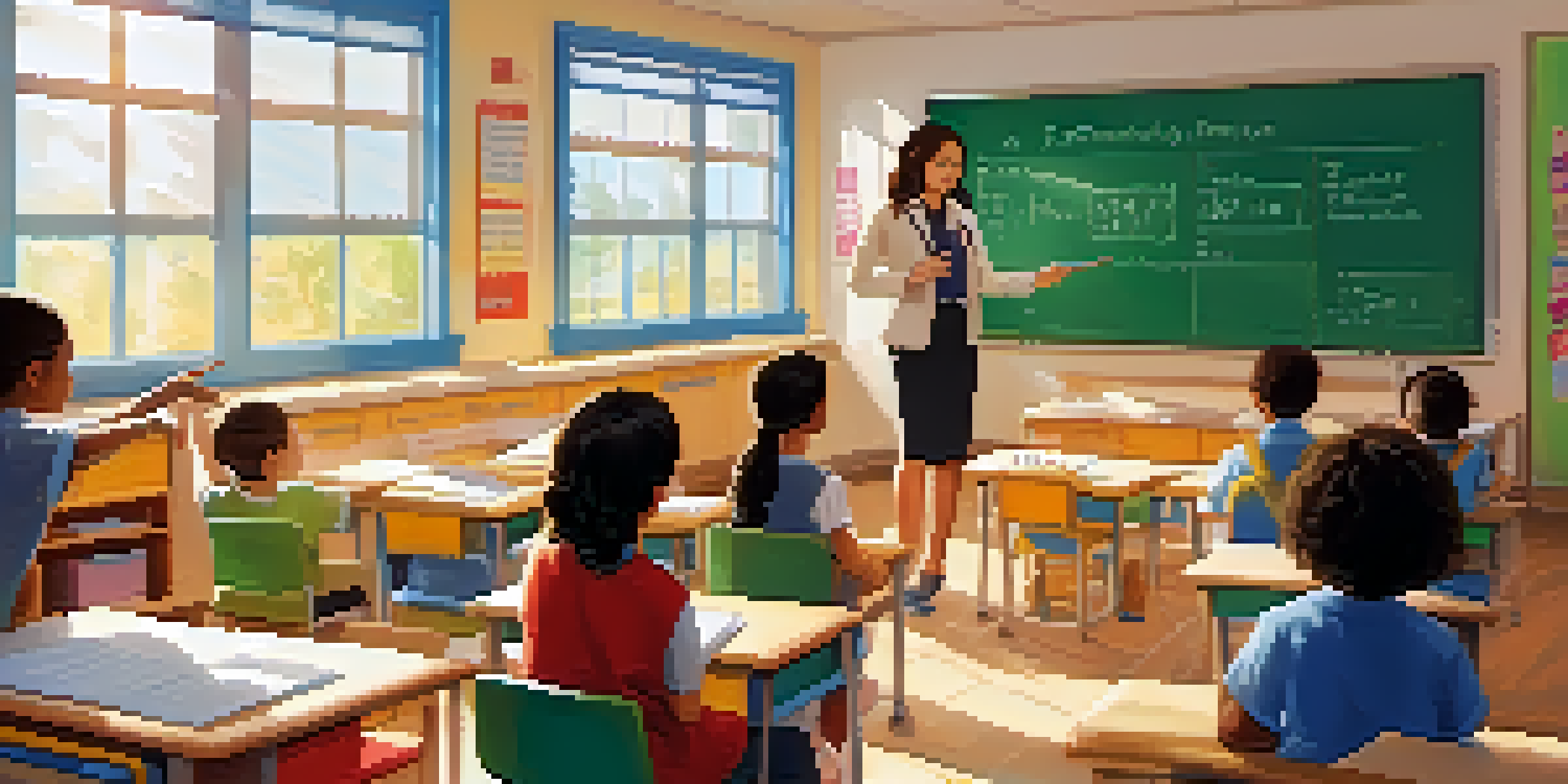 A classroom with a teacher helping students with a math lesson, sunlight coming through the windows.